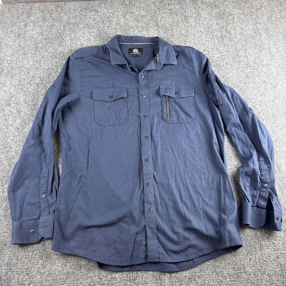 Rock & Republic Men's Button Up Shirt Blue Pinstripe Long Sleeve Size XL